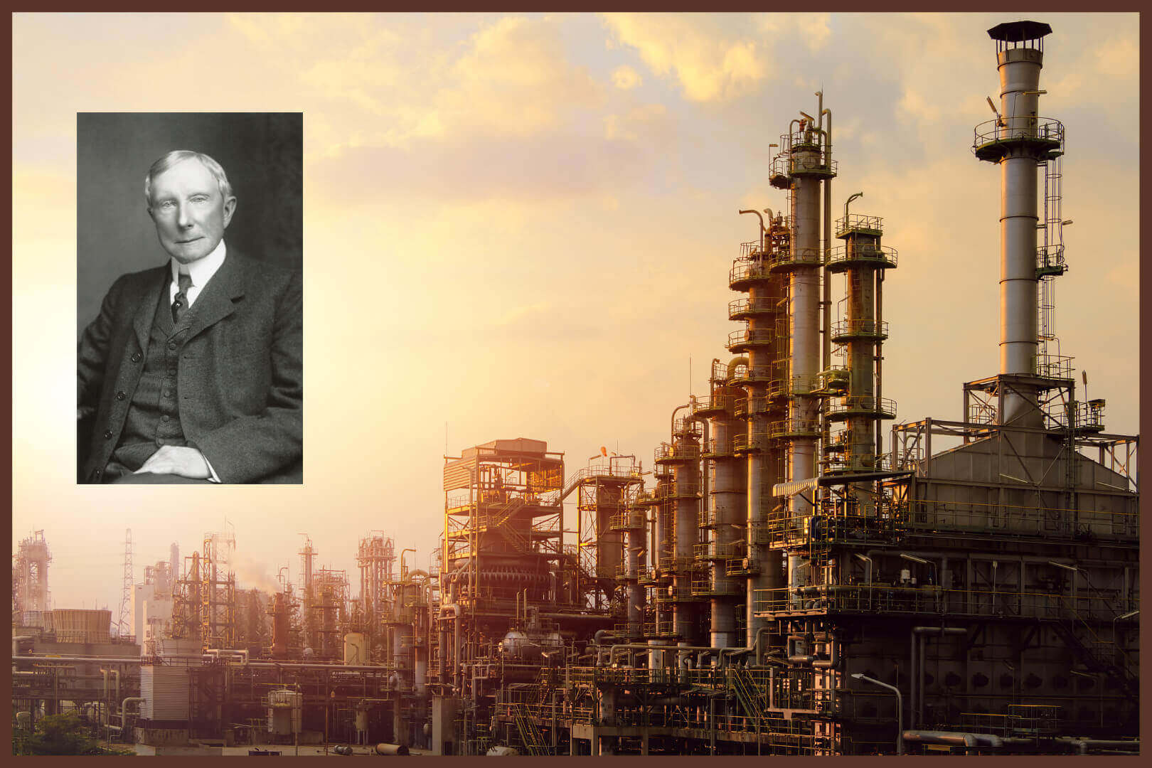 Industrial refinery scene with a historical figure's portrait, featured by Potency No. 710.