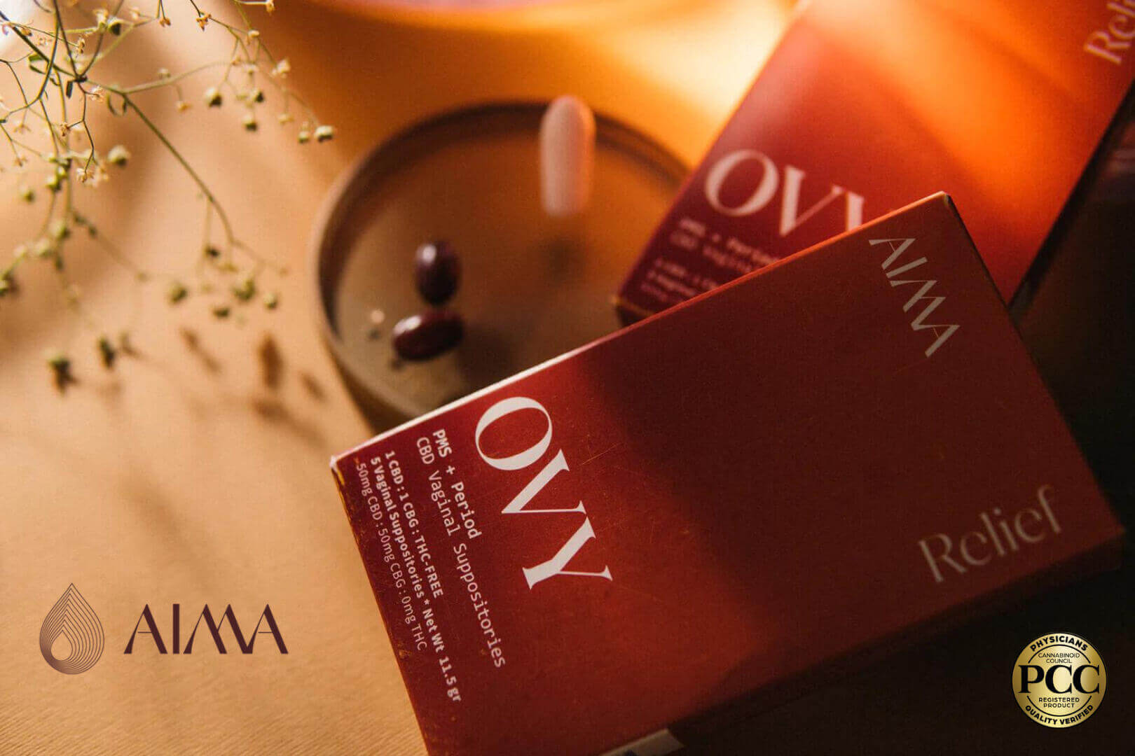 OVY Relief AIMA CBD vaginal suppositories for PMS, available at Potency No. 710.