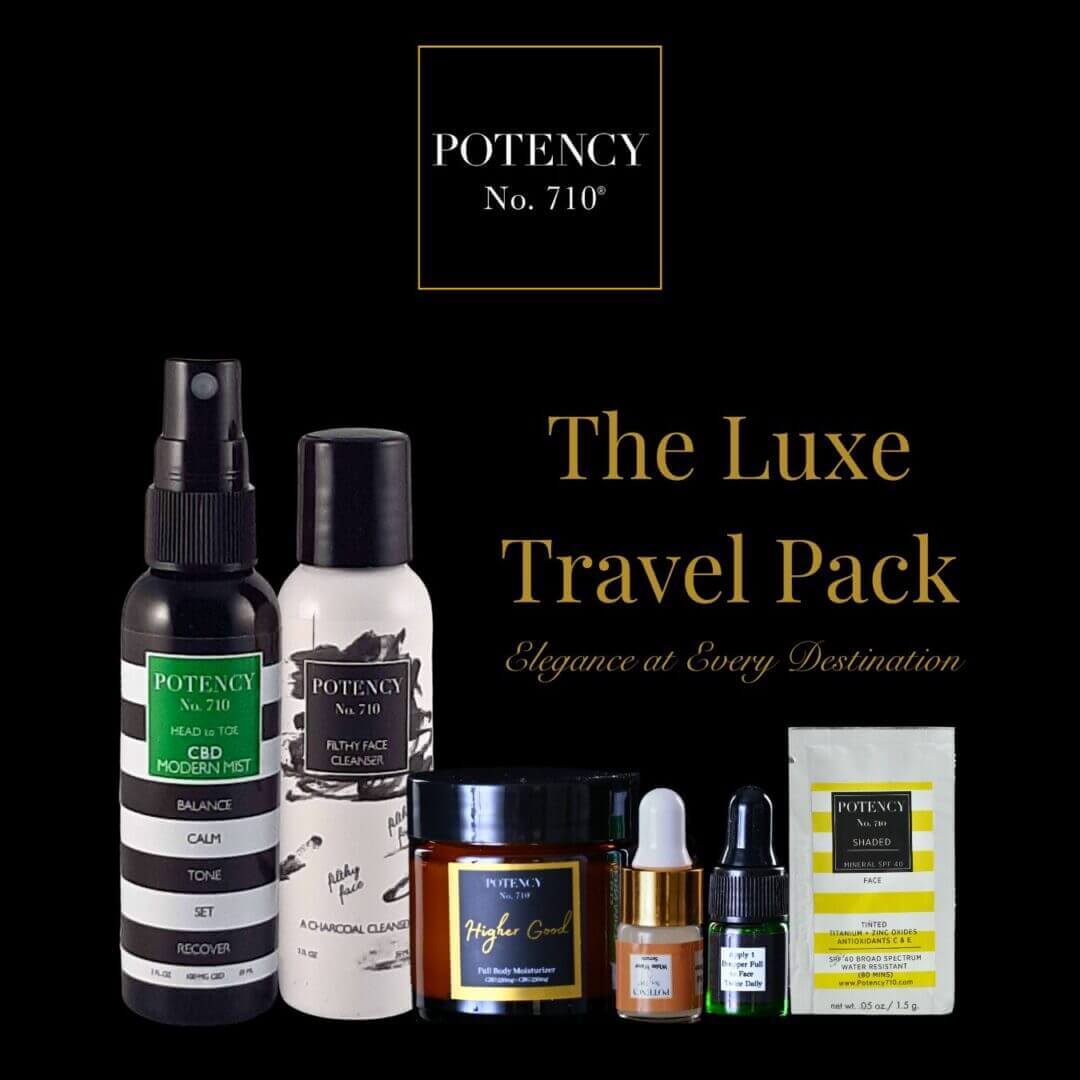 Luxe travel pack products including CBD mist and cleanser, exclusively from Potency No. 710 for elegant travel essentials.