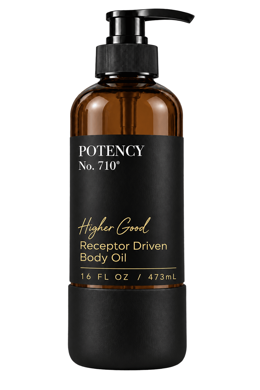 Higher Good receptor driven body oil in a dark amber pump bottle