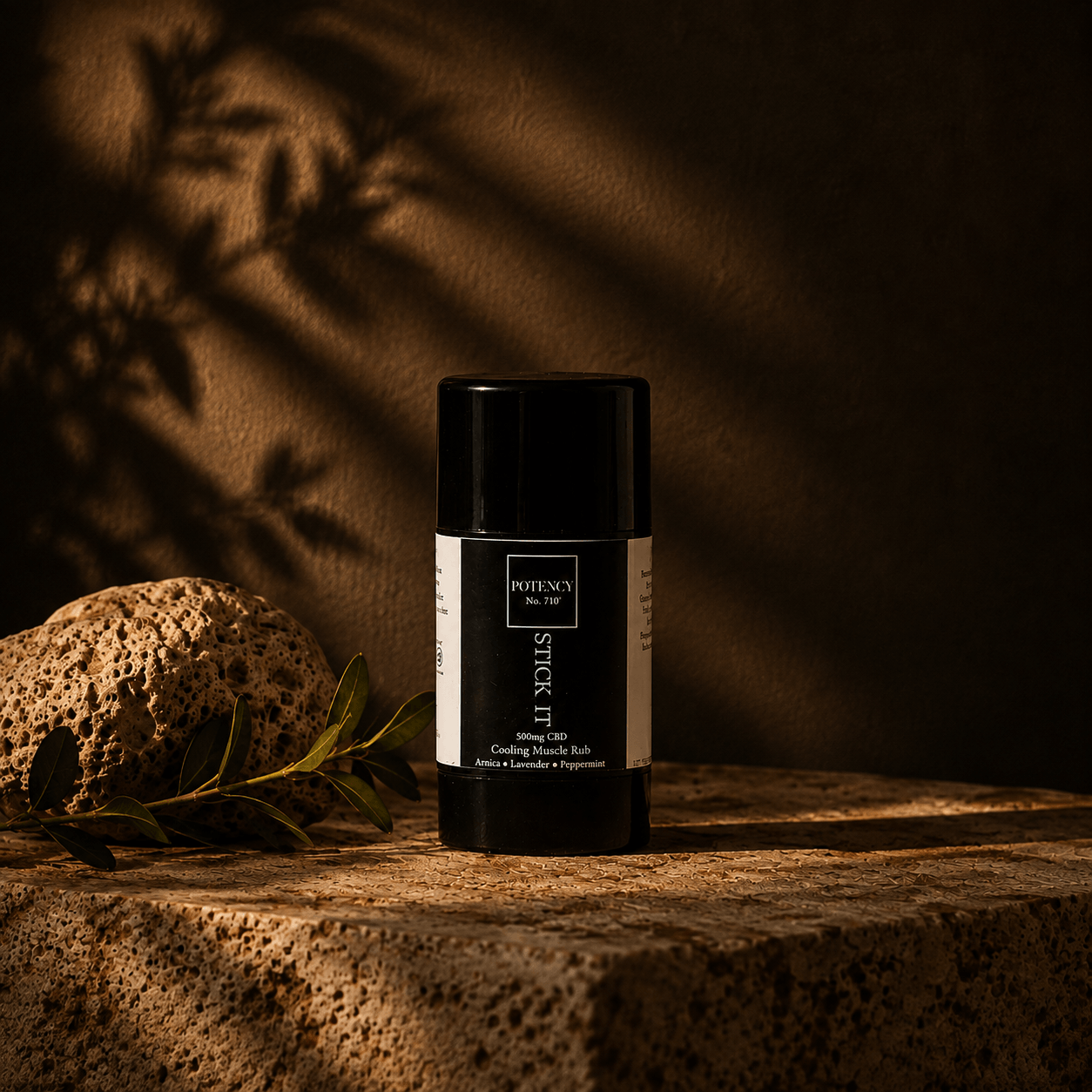Potency No. 710 receptor driven skincare stick on a wooden pedestal
