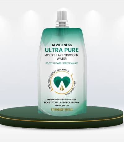 Ultra Pure skincare pouch on a green display stand