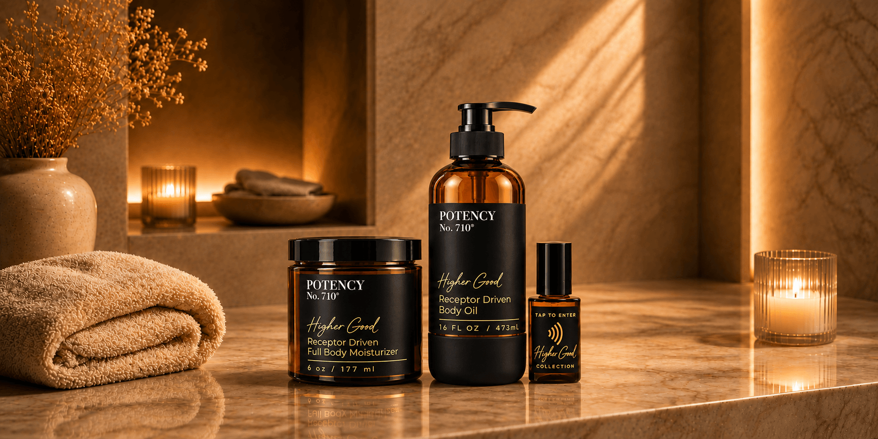 Spa setting with Higher Good products and candles