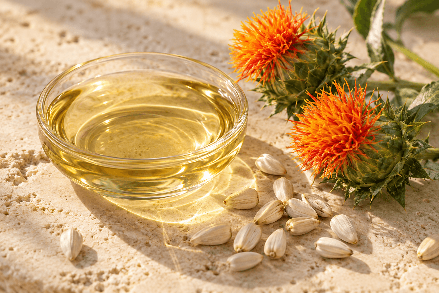 Bowl of safflower seed oil with safflower blooms and seeds
