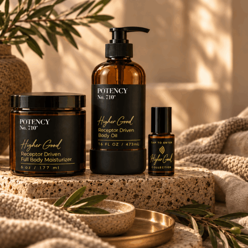Amber skincare trio on warm neutrals